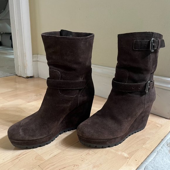 Prada Brown Suede Platform Wedge Buckle Ankle/Calf Boots - Sz39 (8.5) - Picture 2 of 12